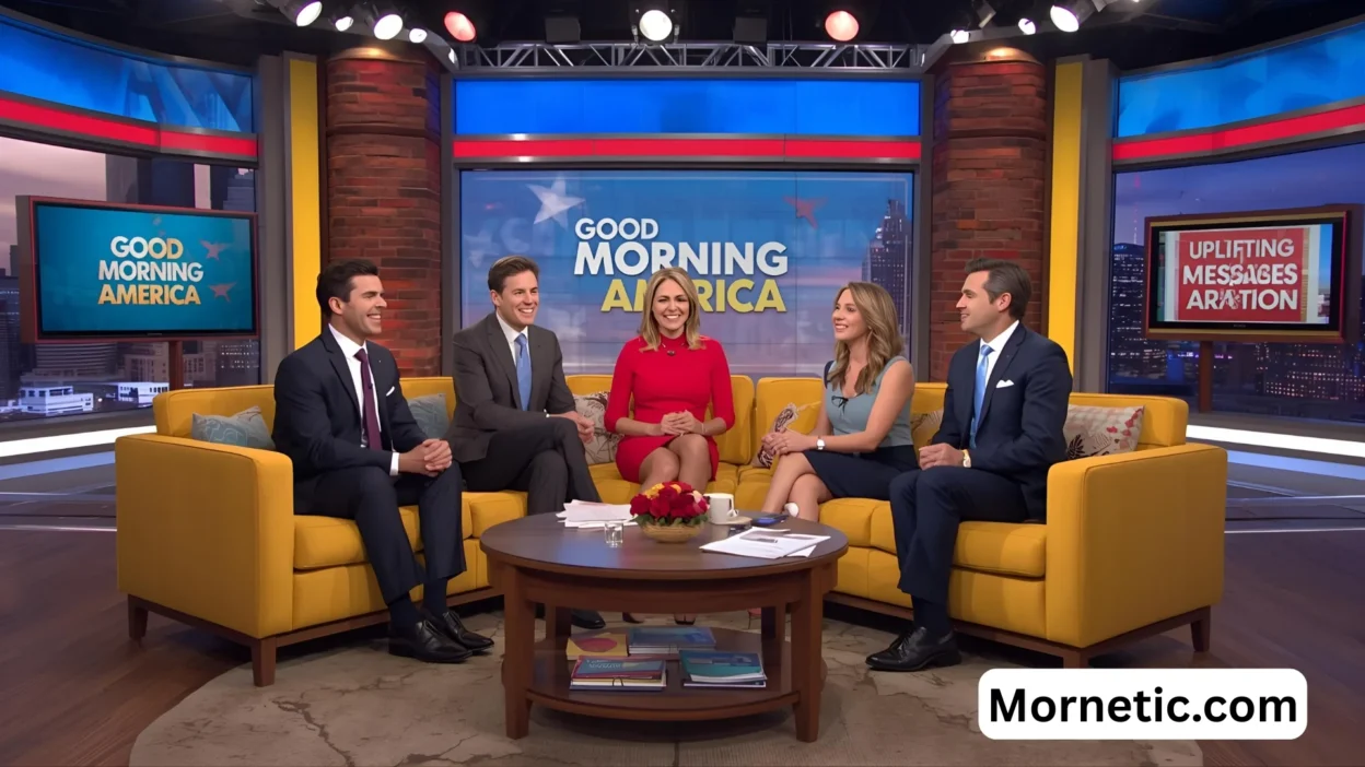 Peaceful morning coffee cup with USA flag and sunrise background for Good Morning America Live wishes