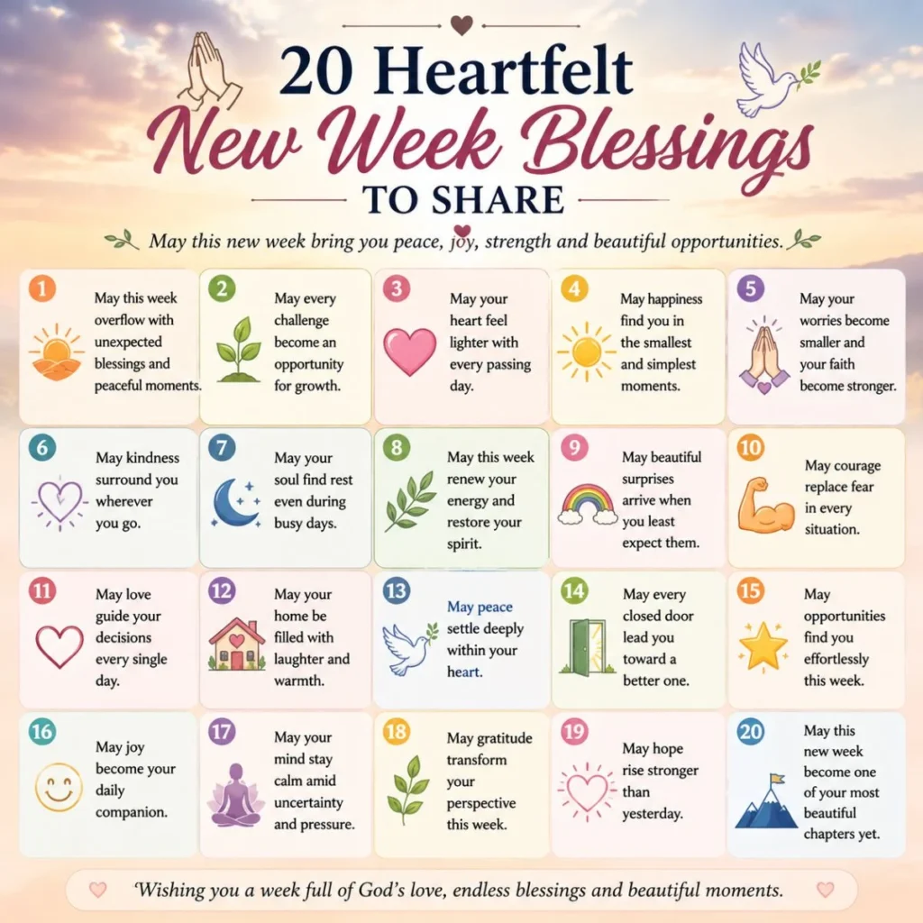 Infographic of 20 heartfelt new week blessings with peaceful icons, uplifting messages, and positive wishes for a fresh start.