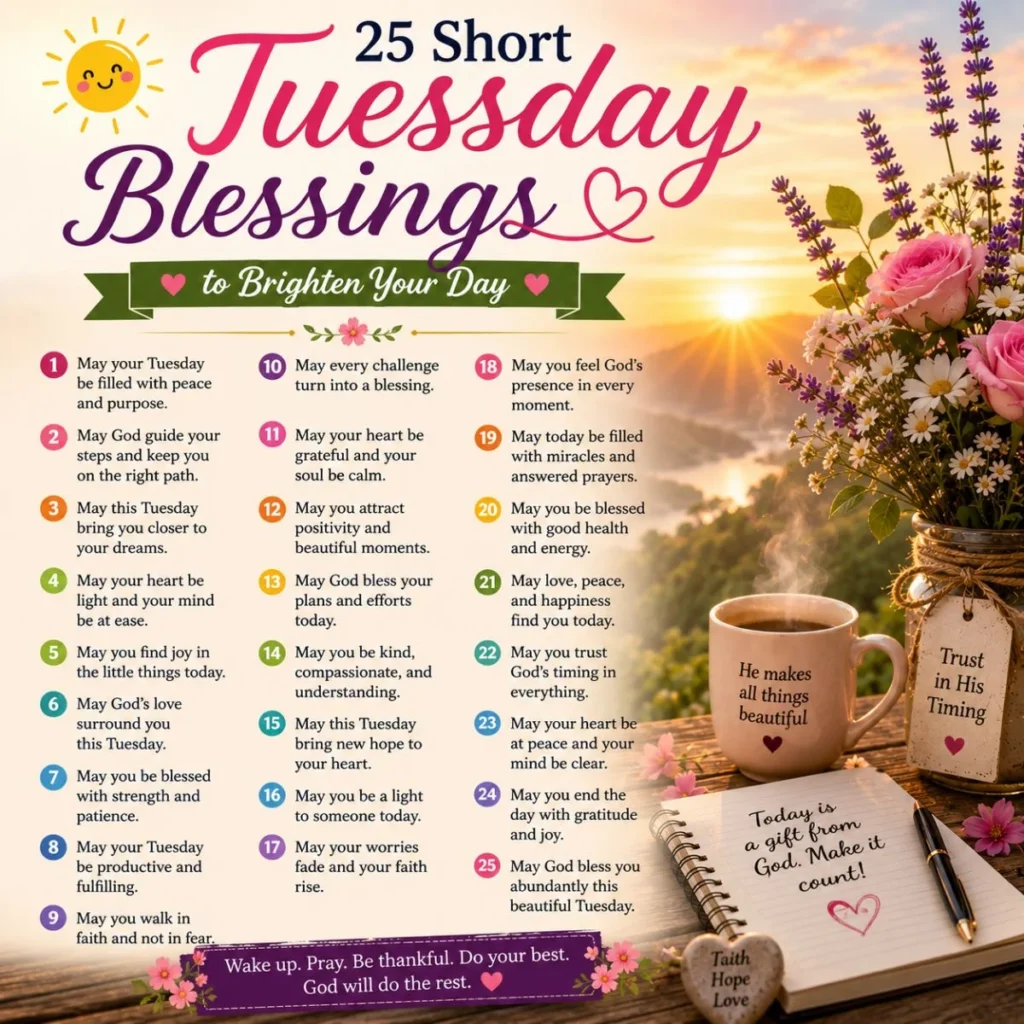 25 short Tuesday blessings image with sunrise, flowers, coffee mug, and uplifting faith-filled messages