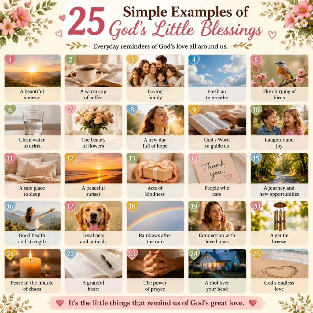25 simple examples of God's little blessings including family, nature, prayer, gratitude, health, and everyday joys