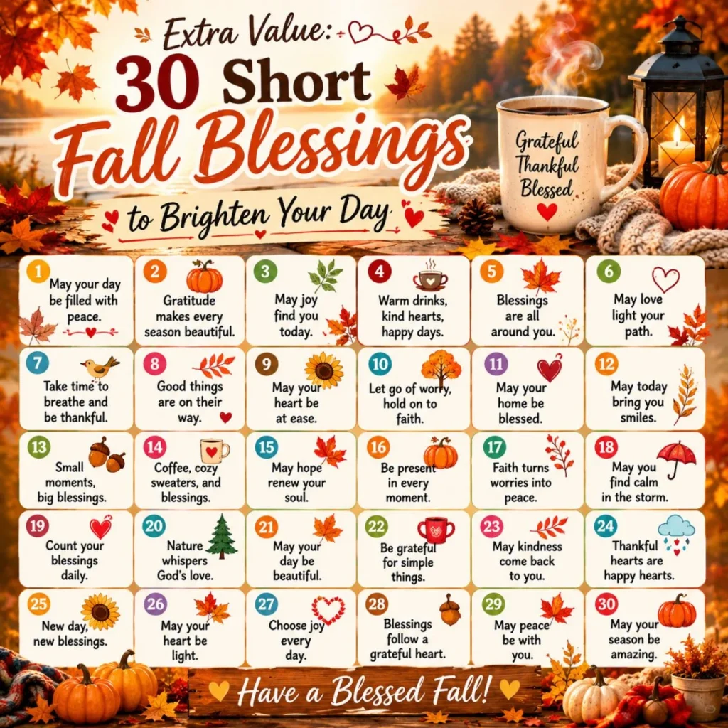 30 short fall blessings poster with cozy autumn quotes, pumpkins, coffee mug, and seasonal decor