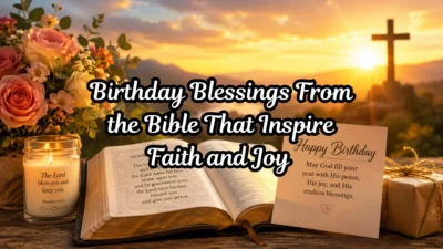 Open Bible with birthday card, flowers, candle, and cross at sunrise representing birthday blessings from the Bible