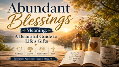 Abundant blessings meaning banner with sunrise, flowers, faith symbols, journal, and peaceful lake view
