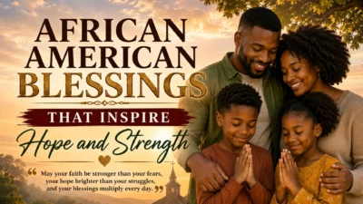 African American family praying at sunset with blessings of hope, faith, and strength