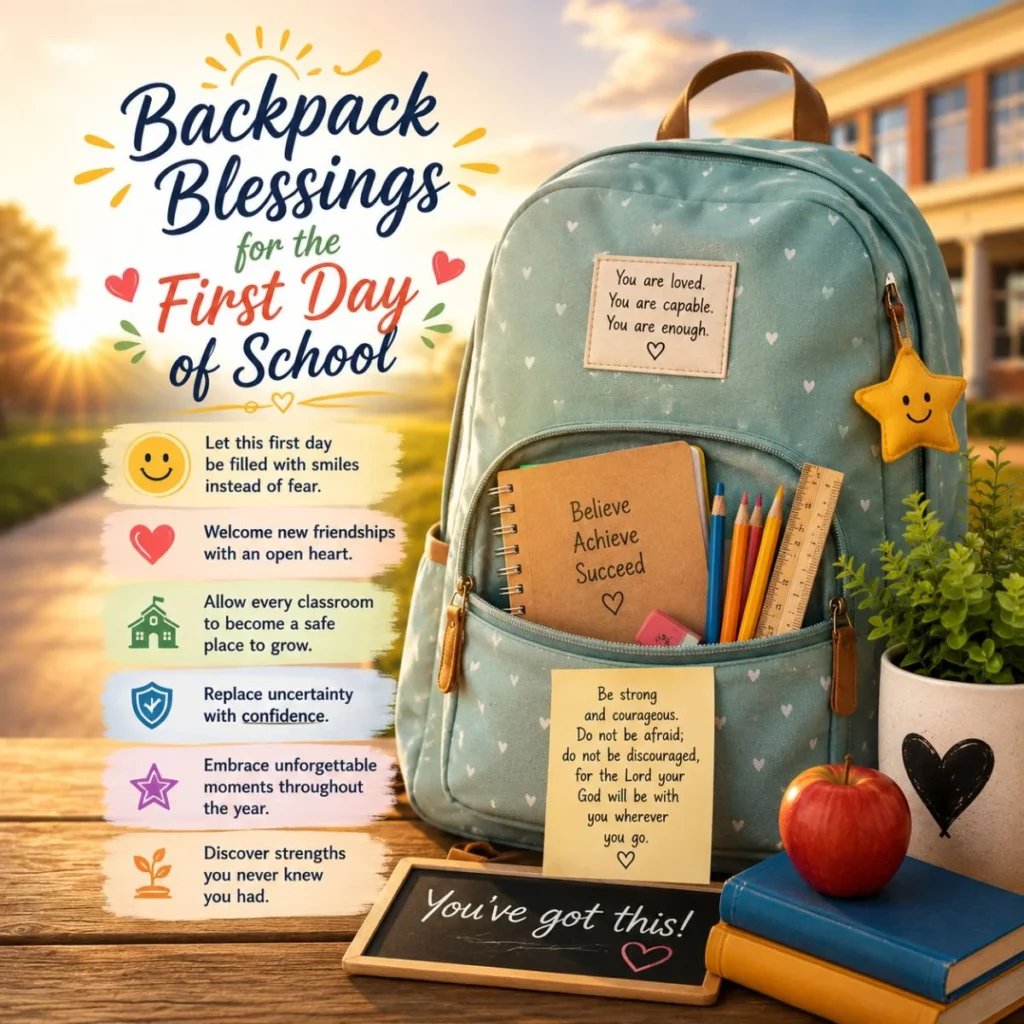 First day of school backpack blessings image with school supplies, encouragement notes, and symbols of hope and confidence