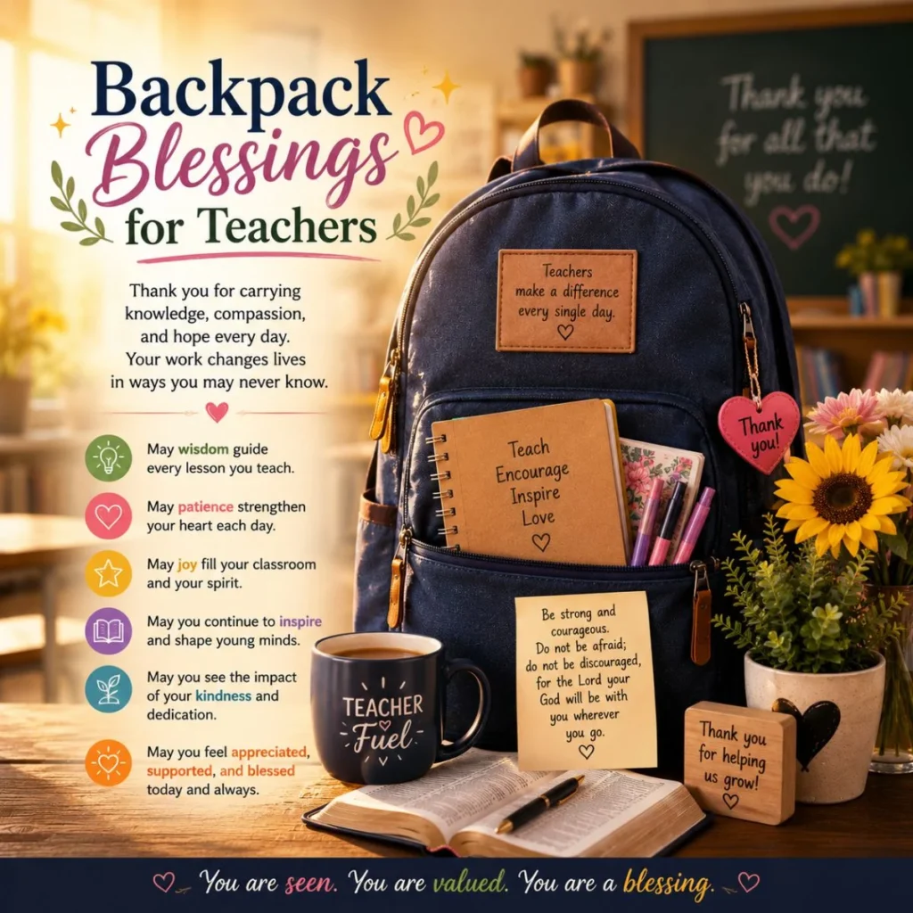 Backpack blessings for teachers image with classroom supplies, gratitude notes, flowers, and inspirational messages