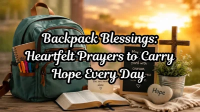Backpack blessings image with school supplies, Bible, prayer notes, and symbols of hope and encouragement for students