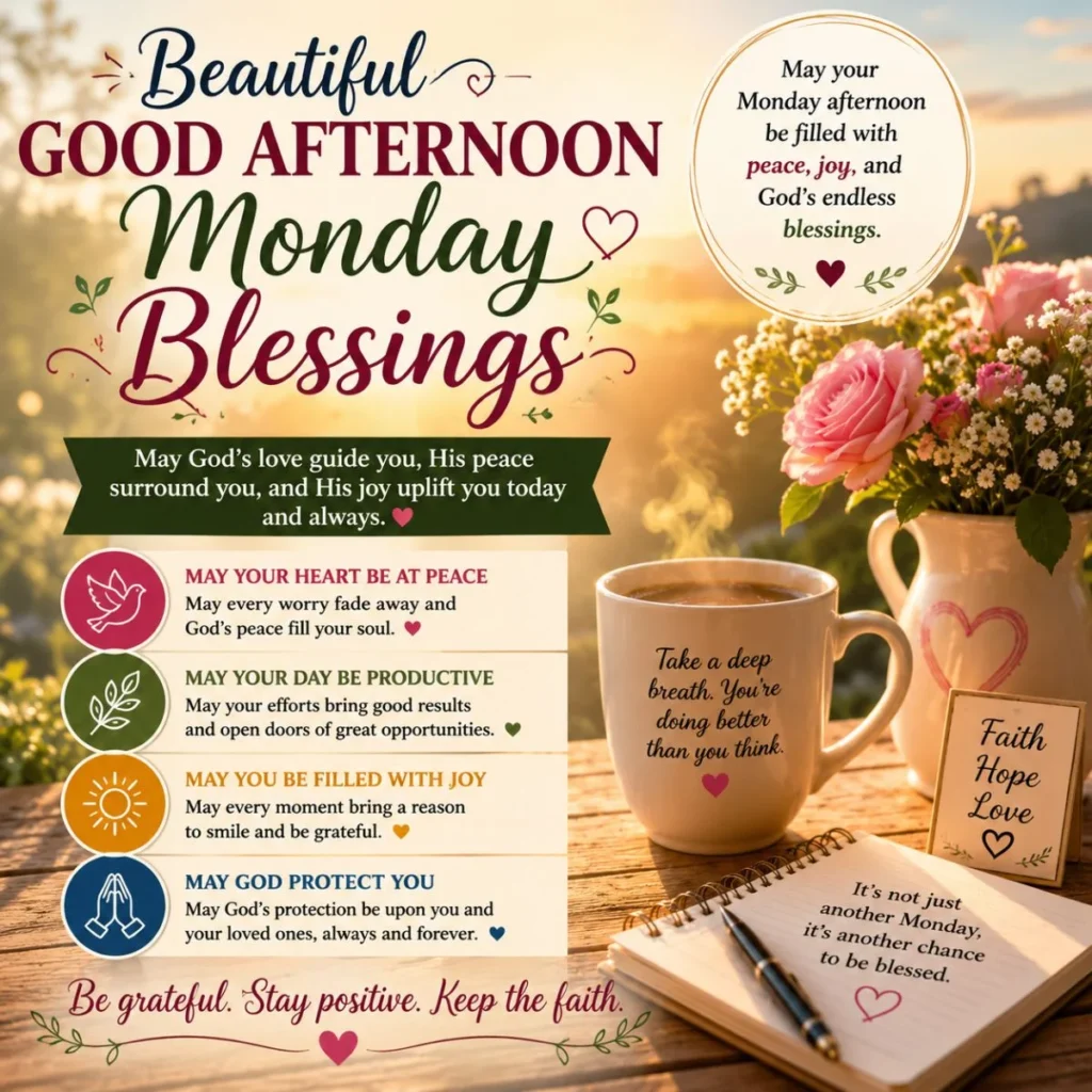 Beautiful good afternoon Monday blessings image with roses, coffee, prayers, and peaceful faith messages