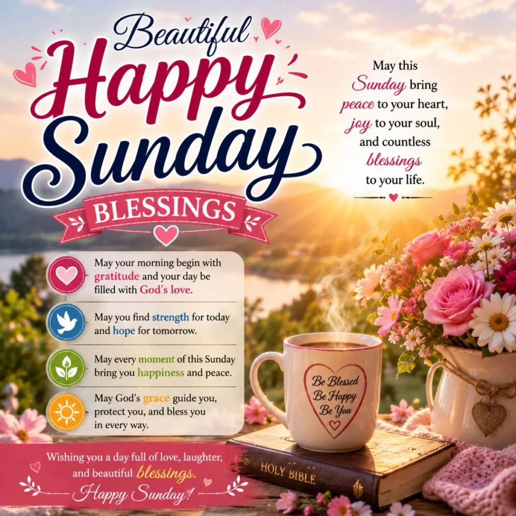 Beautiful Happy Sunday blessings image with sunrise, flowers, coffee, and heartfelt inspirational messages