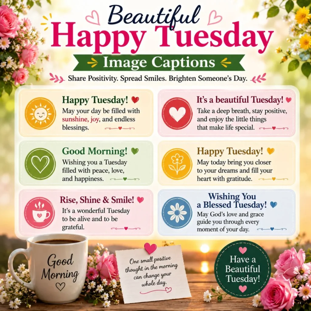 Beautiful Happy Tuesday image captions with uplifting quotes, flowers, coffee, and inspiring morning blessings