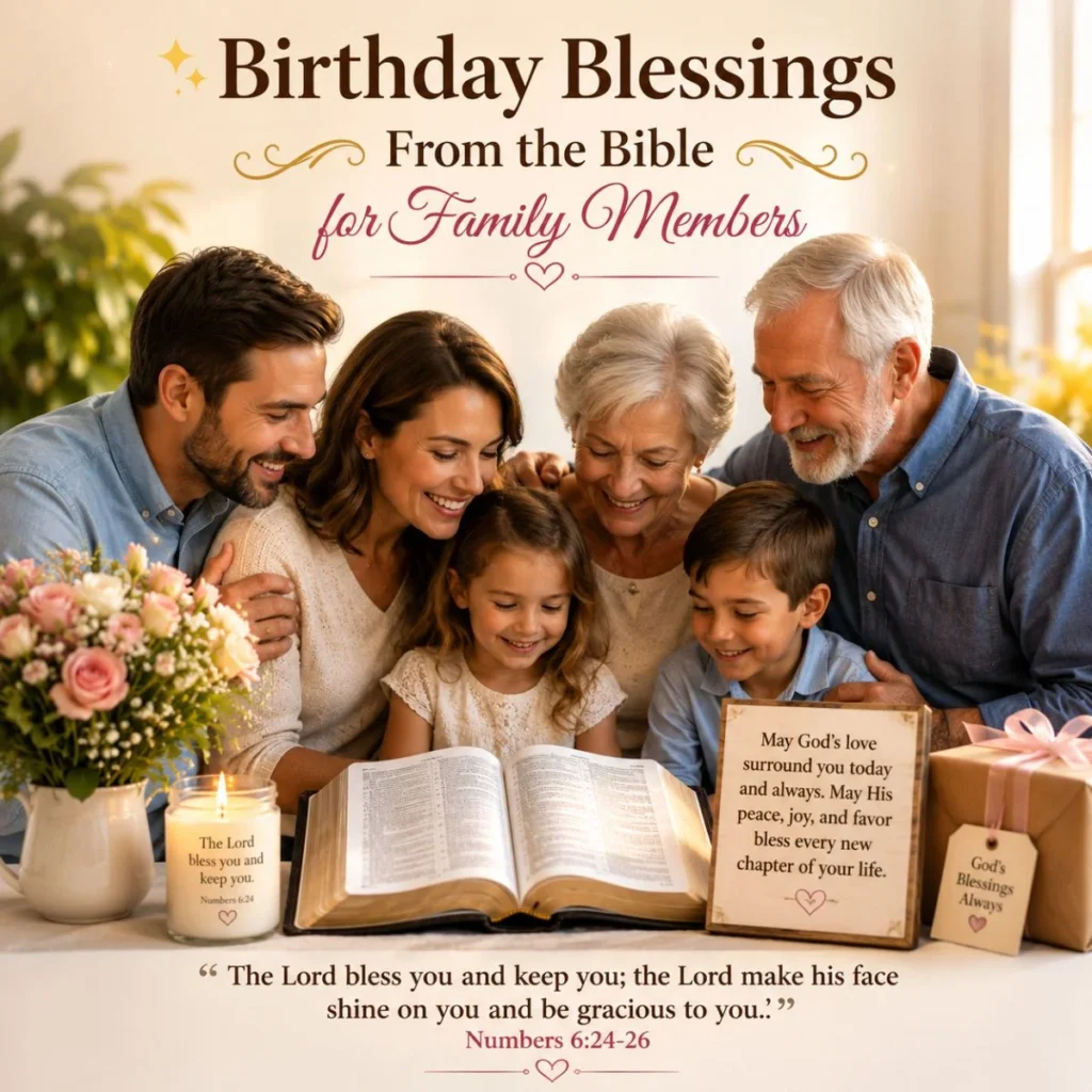 Family gathered around an open Bible with birthday blessings, candles, and flowers symbolizing God's love and faith