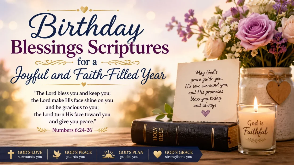 Birthday blessings scriptures with Bible, candle, flowers, and peaceful faith-filled prayer design