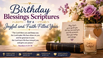 Birthday blessings scriptures with Bible, candle, flowers, and peaceful faith-filled prayer design
