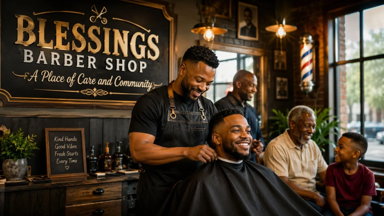 Warm community scene inside Blessings Barber Shop with a barber giving a haircut and people sharing meaningful moments.