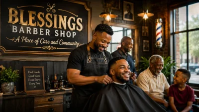 Warm community scene inside Blessings Barber Shop with a barber giving a haircut and people sharing meaningful moments.