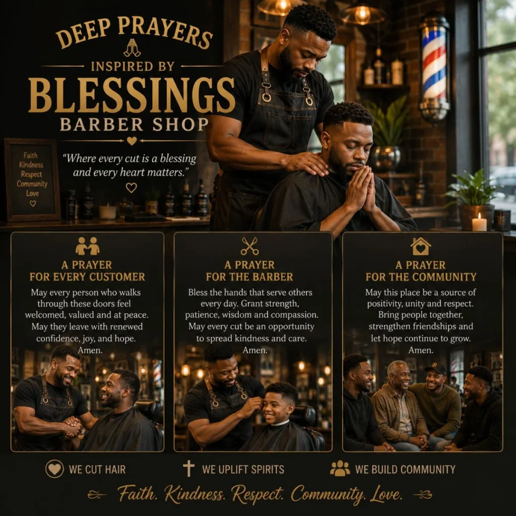 Deep prayers at Blessings Barber Shop showing faith, community support, and heartfelt human connections.
