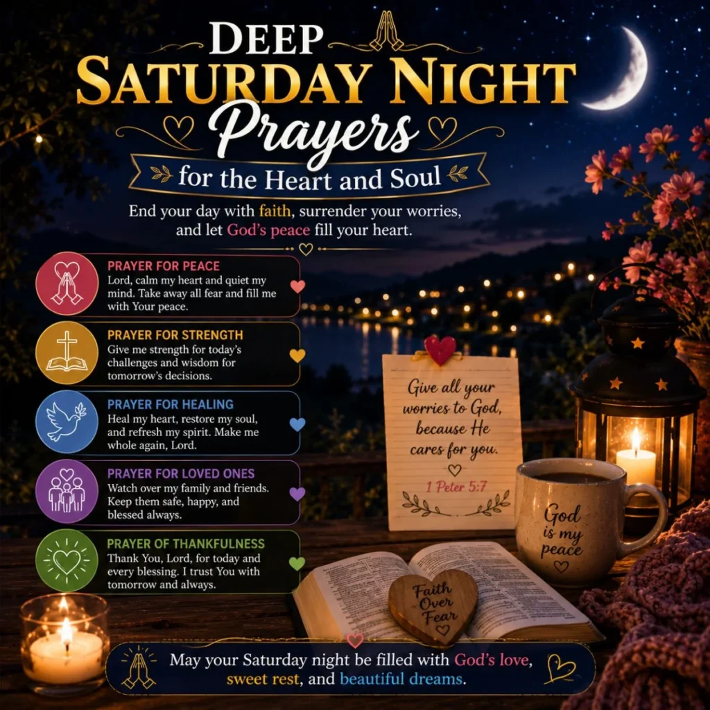Deep Saturday night prayers for the heart and soul with candles, Bible, and peaceful moonlit scenery.