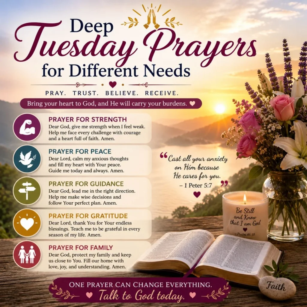 Deep Tuesday prayers for different needs image with sunrise, Bible, flowers, and prayers for strength, peace, and guidance