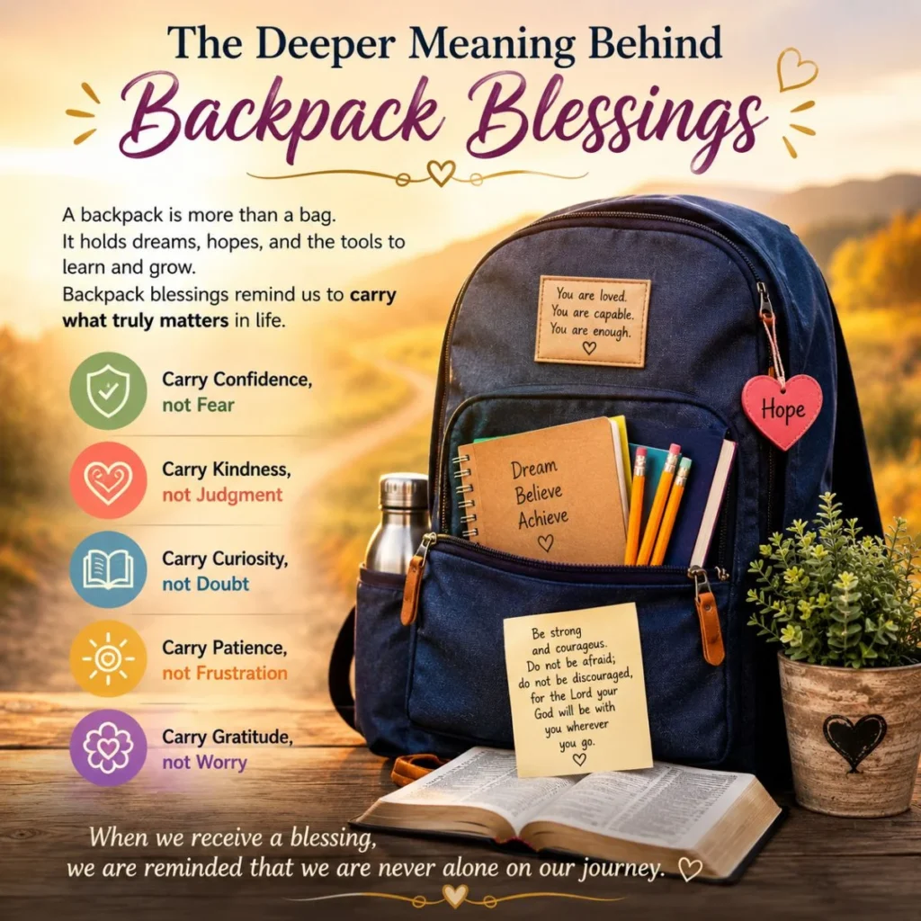 Illustration showing the deeper meaning behind backpack blessings with symbols of hope, faith, kindness, and school encouragement