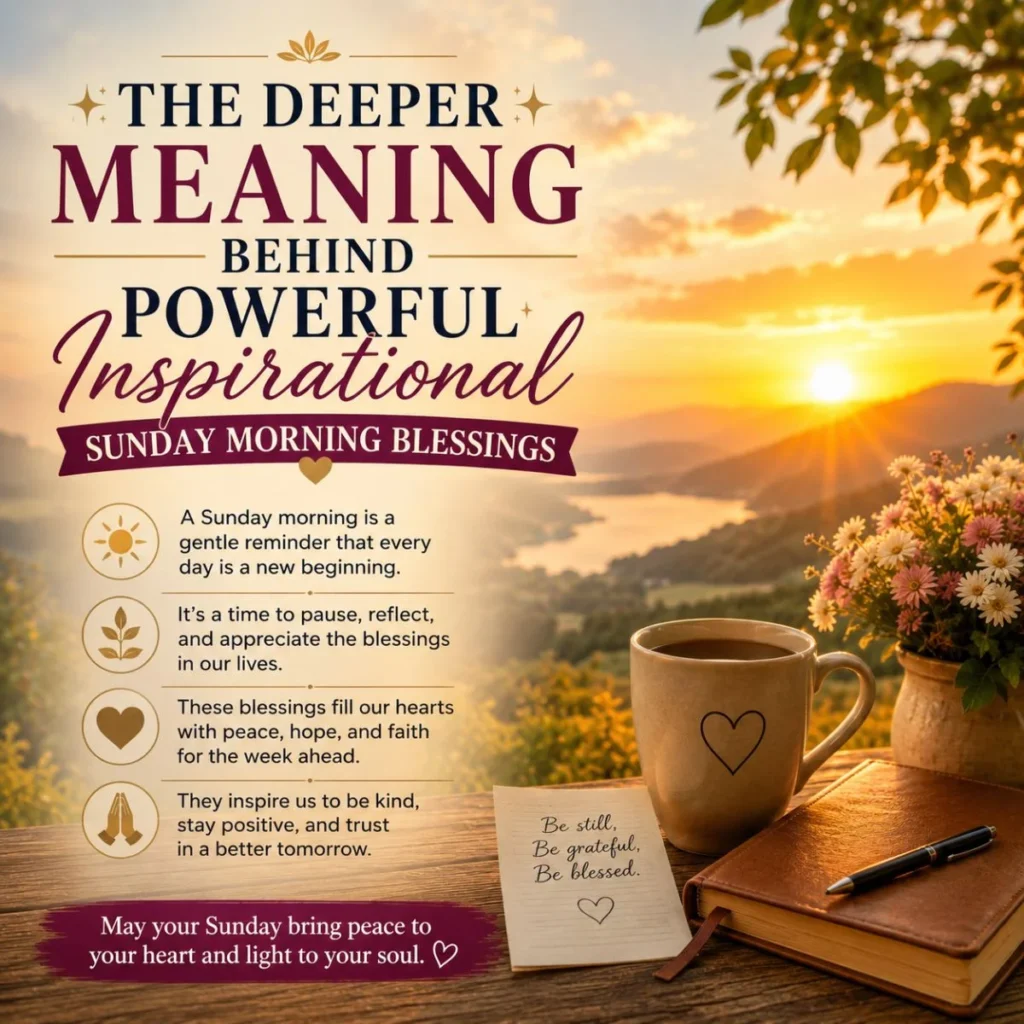 The deeper meaning behind powerful inspirational Sunday morning blessings with sunrise, coffee, journal, and flowers