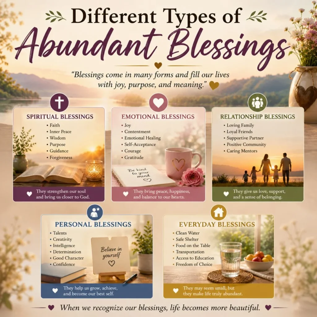 Different types of abundant blessings infographic with spiritual, emotional, relationship, personal, and everyday gifts