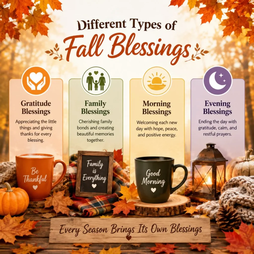 Different types of fall blessings infographic featuring gratitude, family, morning, and evening autumn blessings