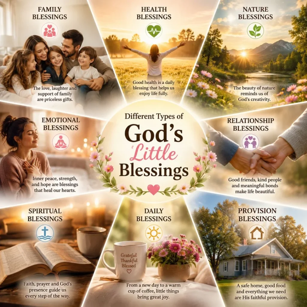 Illustration showing different types of God's little blessings including family, health, nature, faith, and relationships