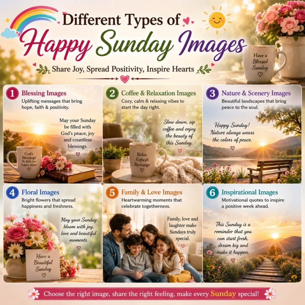 Different types of happy Sunday images featuring blessings, nature, family, flowers, and inspirational themes