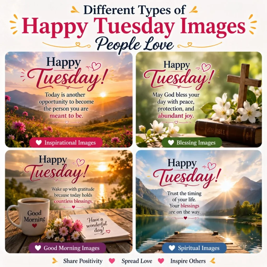 Different types of Happy Tuesday images featuring inspirational, blessing, good morning, and spiritual themes