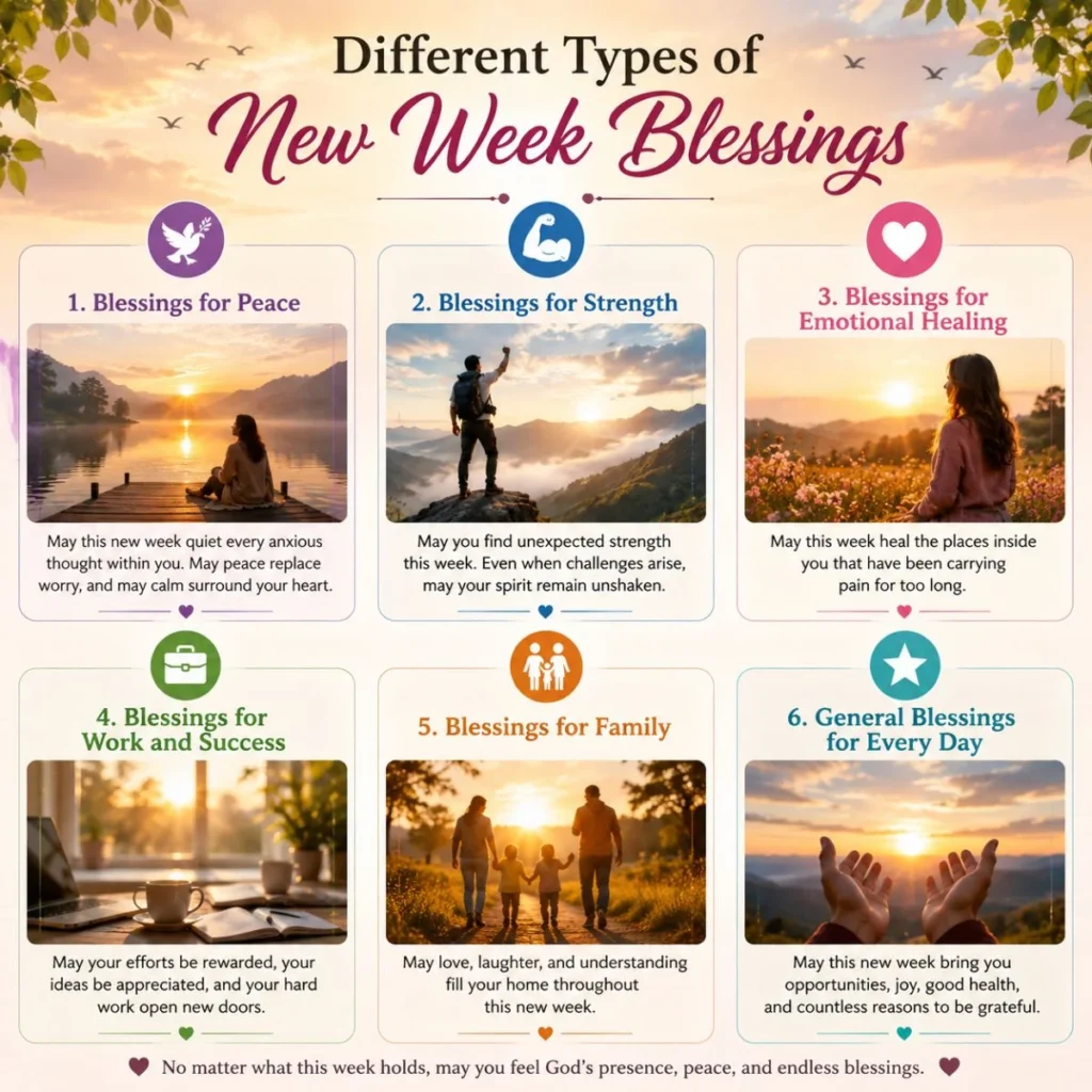 Illustration of different types of new week blessings representing peace, hope, healing, strength, family, and success.