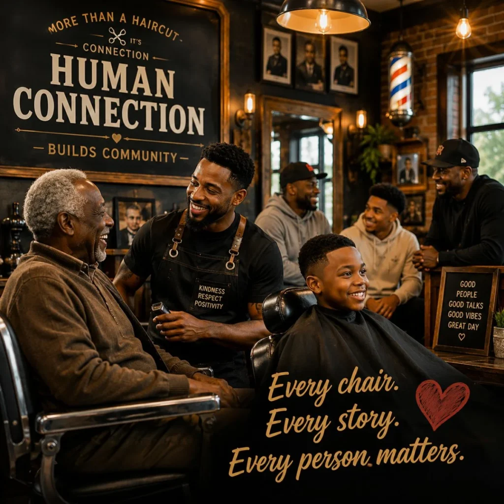 People connecting inside Blessings Barber Shop, showing kindness, friendship, and the emotional power of human connection.
