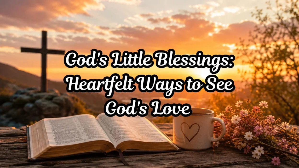 Sunrise with an open Bible, cross, flowers, and coffee cup symbolizing God's little blessings and daily gratitude