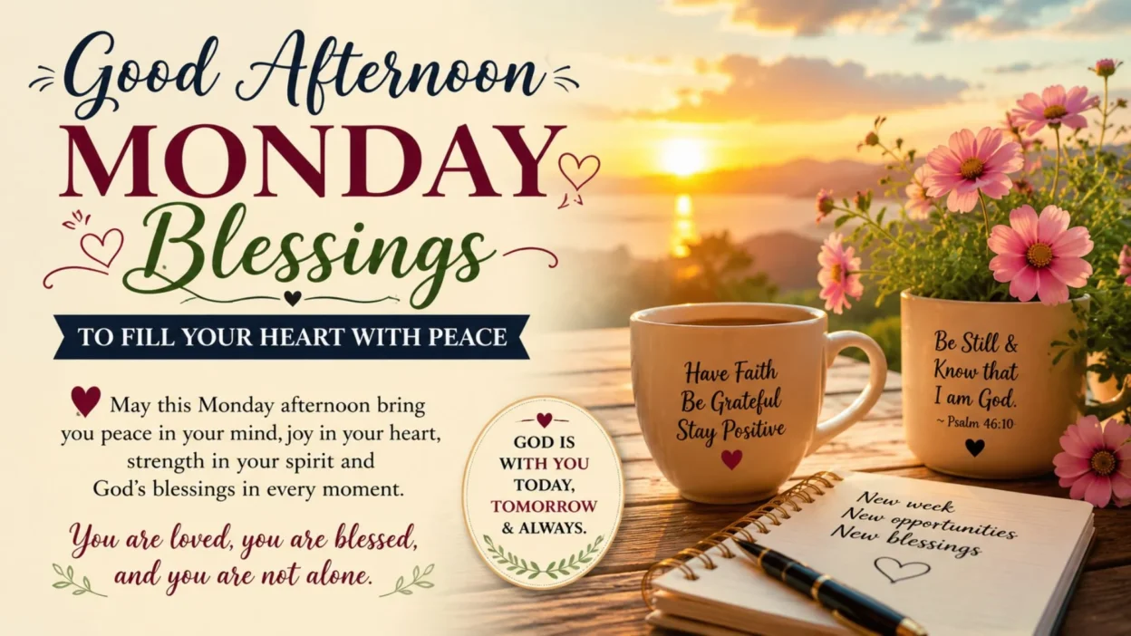 Good Afternoon Monday Blessings image with sunset, flowers, coffee mugs, and peaceful inspirational messages