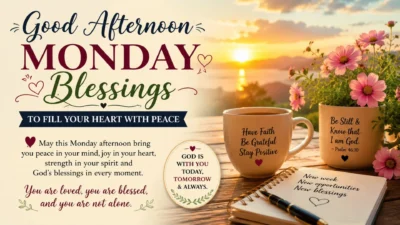 Good Afternoon Monday Blessings image with sunset, flowers, coffee mugs, and peaceful inspirational messages