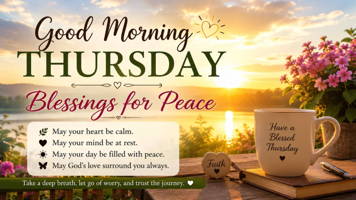 Good Morning Thursday Blessings for Peace sunrise lake inspirational quote peaceful morning scene with calm vibes