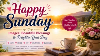 Happy Sunday image with sunrise, coffee, flowers, and beautiful blessings to brighten your day