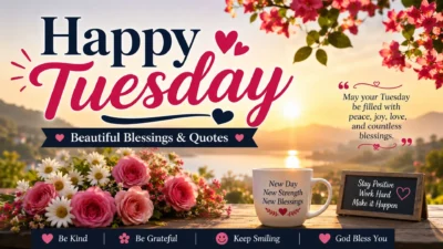 Happy Tuesday images with beautiful blessings, quotes, flowers, sunrise, and an inspiring peaceful morning scene