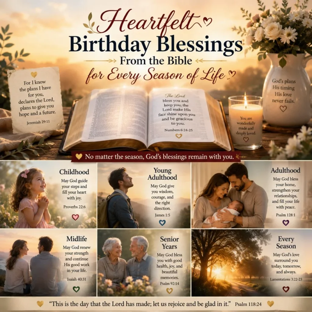Open Bible with people of different ages celebrating birthday blessings from the Bible for every season of life