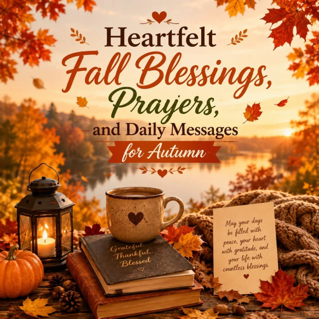 Heartfelt fall blessings image with autumn prayers, cozy coffee, lantern, books, and peaceful lakeside scenery