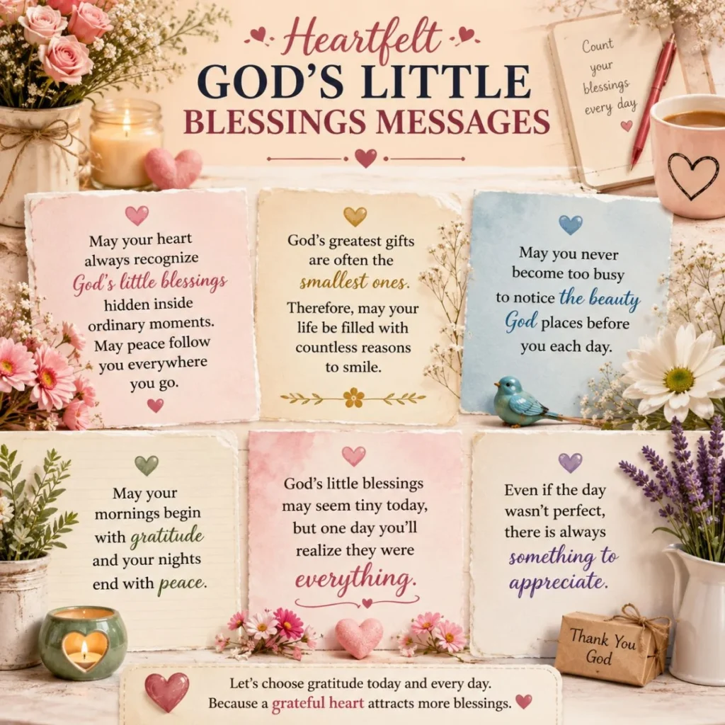 Heartfelt God's little blessings messages displayed on floral cards with faith-filled quotes about gratitude and peace