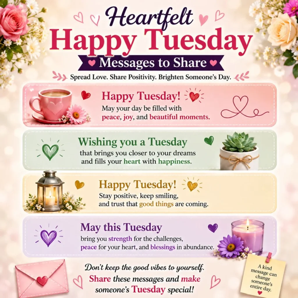 Heartfelt Happy Tuesday messages to share with uplifting wishes, flowers, candles, and positive blessings