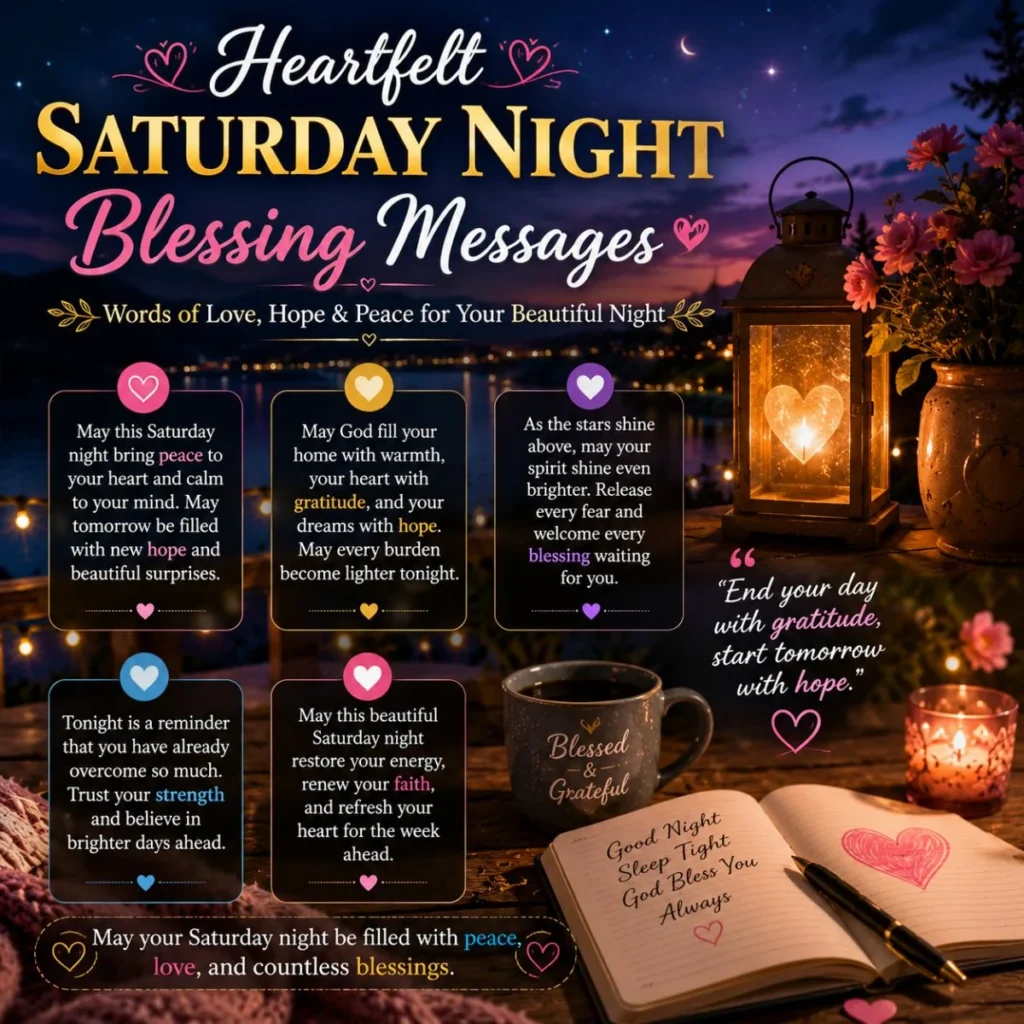 Heartfelt Saturday night blessing messages with lantern, flowers, journal, and peaceful moonlit evening scene.