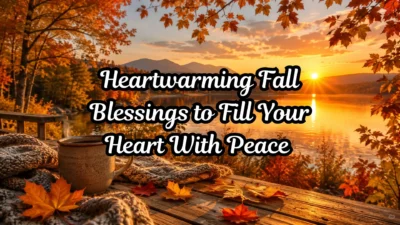 Peaceful fall blessings scene with autumn leaves, a cozy coffee mug, and a golden sunset over a calm lake