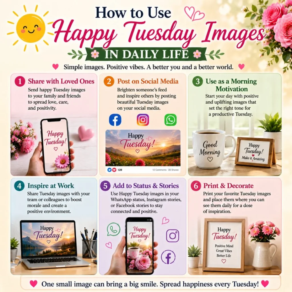 How to use Happy Tuesday images in daily life with social media, family sharing, motivation, and positive habits