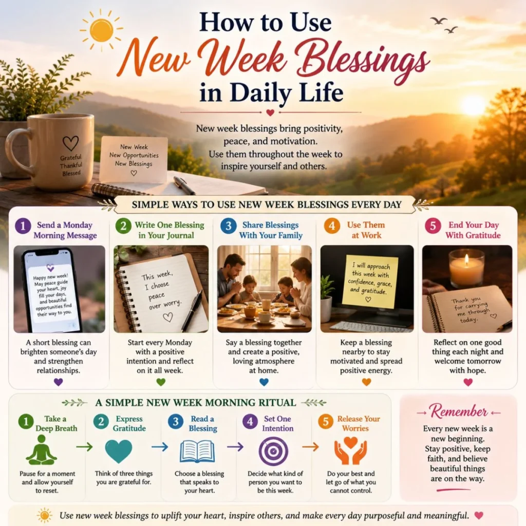 Infographic showing how to use new week blessings in daily life through gratitude, journaling, family, and morning rituals.