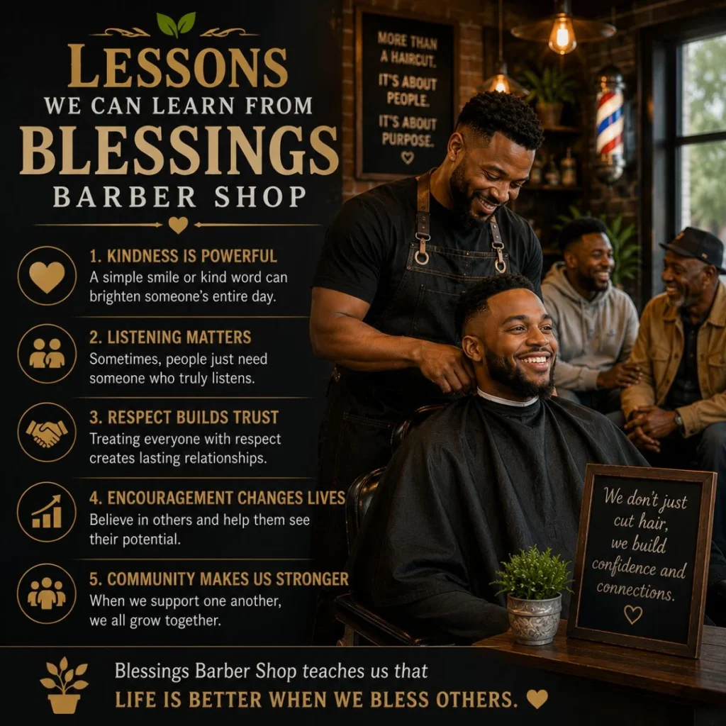 Life lessons from Blessings Barber Shop showing kindness, respect, community, and human connection.