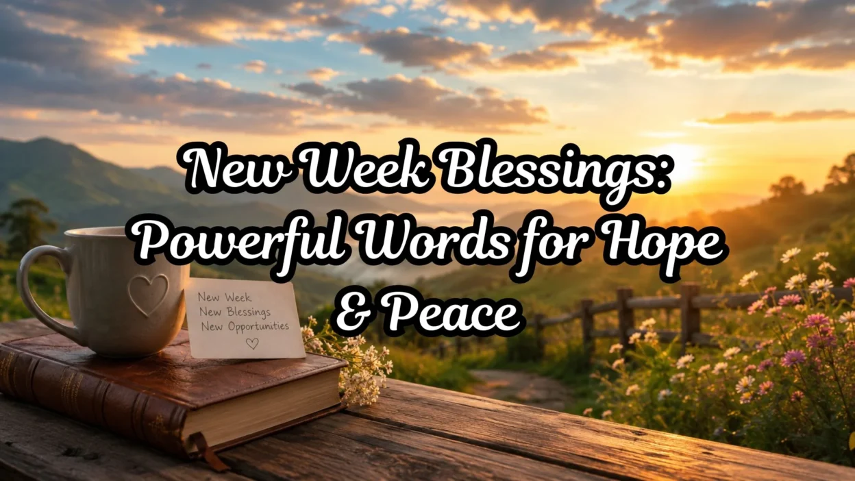Peaceful sunrise scene with coffee, journal, and mountains symbolizing new week blessings, hope, peace, and fresh beginnings.