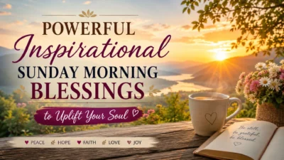 Powerful inspirational Sunday morning blessings sunrise scene with coffee, flowers, and peaceful mountain views