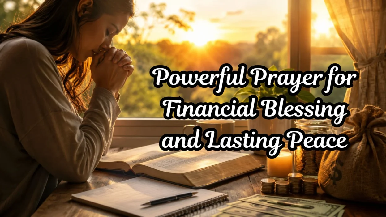 Person praying for financial blessing at sunrise with Bible, journal, and symbols of peace and abundance