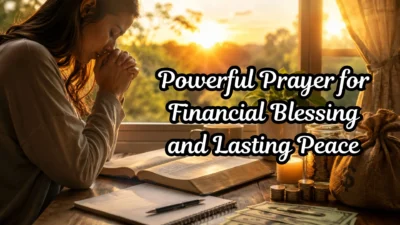 Person praying for financial blessing at sunrise with Bible, journal, and symbols of peace and abundance